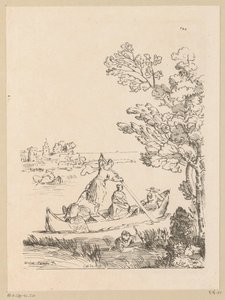 Flodlandskab med en båd roet af en kvinde Cabinet du Roy (serietitel på objekt)