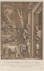 En hyrde holder en løve i snor i forgrunden, i mellemgrunden sh..., ca. 1729-64 af Anne Claude Philippe de