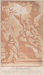 Bebudelsen med Jomfruen knælende til venstre og Gabriel til højre, ca. ..., ca. 1729. af Anne Claude Philippe de Caylus