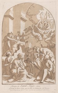 Sankt Angelos martyrdød, som øverst til venstre bliver stukket, overvåget af rædsel..., 1729-64. af Anne Claude Philippe de Caylus