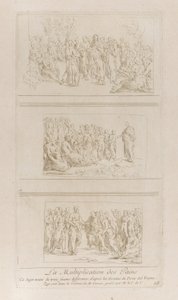 Tre separate studier for brødenes mirakler, der viser Kristus stående i d..., ca. 1729-40. af Anne Claude Philippe de Caylus