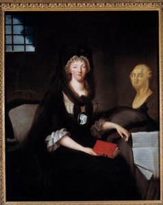 Portræt af Marie Antoinette (1755-1793) i stor sorg i Temple Prison (eller Marie Antoinette på Concierge, i sorg, med en komé, der repræsenterer delfinen, der holder en bog om Mary, dronning af Skotlands liv, nær en buste af Ludvig XVI og h af Anne Flore Millet de Brehan