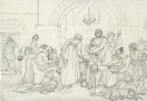 Rustikt interiør i antikken (sort kridt på fint tekstureret hvidt papir) af Anne Louis Girodet de Roucy Trioson