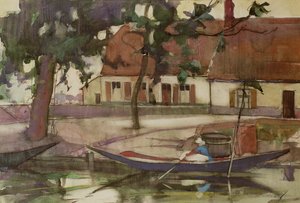 Båd på en kanal, fransk landsby af Anne Redpath