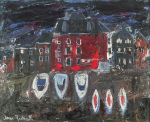 Bådeværft, Amsterdam (olie om bord) af Anne Redpath