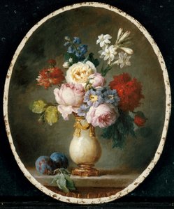 En vase med blomster og to blommer på marmorbordplade, 1781