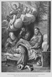 Den hellige Frans af Assisi, der lider af sygdom, bliver helbredt af lyden af et himmelsk instrument (litografi) af Annibale (after) Carracci