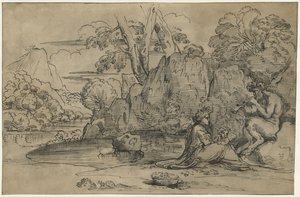 Landskab med en fløjte saat, kone og putto af Annibale Carracci (attributed to)