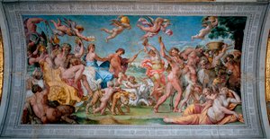 Bacchus (Dionysos, Bacco) på sin tank vender tilbage fra Indien og møder Ariane forladt af Thesee Fresco af Annibale Carracci (Annibal Carrache) (1560-1609). 1597-1600 Rom, Palazzo Farnese