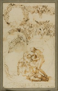 Den berusede Silenus og dekorative skitser: Studier til Tazza Farnese (recto); To putti kæmper: Studie til Galleria Farnese (bagside) af Annibale Carracci