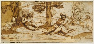 Flötenspielender Amor und Silenus in einer arkadischen Landschaft af Annibale Carracci
