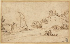 Landskab med figurer ved en flodmunding med sejlbåde af Annibale Carracci