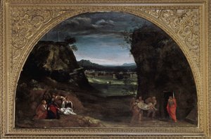 Landskab med aflejring (olie på lærred, ca. 1604) af Annibale Carracci