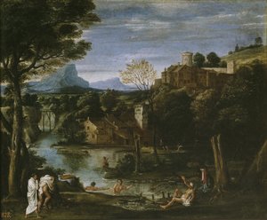 Landskab med flod og badende af Annibale Carracci