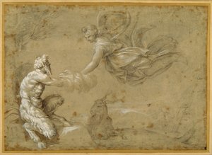 Pan, der præsenterer ulden for Diana (pen og brunt blæk med brun vask) af Annibale Carracci