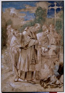 Saint Charles Borromee døber et barn. De døde får og skitserne af lag af kroppe ved siden af, som en mand lukker næsen for ikke at indånde lugten, tyder på, at tegningen forestiller Milano Saint Charles Borromees bue (Carlo Borromeo) af Annibale Carracci