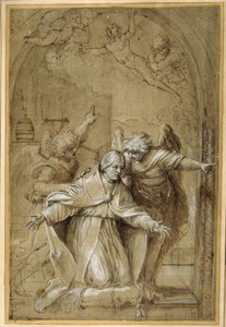 St Gregory deltog af engle, der beder for sjæle i skærsilden (pen og brunt blæk med brun vask og forhøjning) af Annibale Carracci