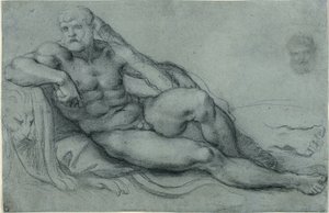 Studie af Hercules, der hviler, med separate studier af hans hoved og fod (recto); Rektangulært gitterdesign (verso) af Annibale Carracci