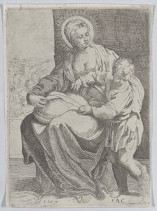 Jomfruen sad med en pude på skødet med den unge Kristus stående til højre..., 1580-1600. af Annibale Carracci