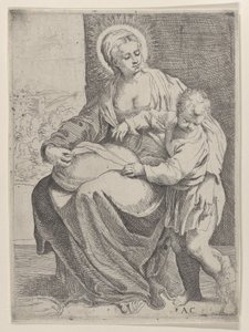 Jomfruen sad med en pude på skødet med den unge Kristus stående til højre..., 1580-1600. af Annibale Carracci