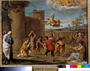 Steningen af St. Stephen: St. Stephen (Stephane), var den første kristne martyr, der døde ved stening i 36 e.Kr. JC. Maleri af Annibale Carracci eller Annibal Carrache (1560-1609). 16. århundrede. Dim 0,42 x 0,54 m Paris,