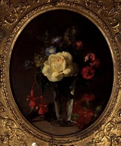 Still Life of a Yellow Rose, Mignonette og Fuchsias (olie om bord) af Annie Feray Mutrie