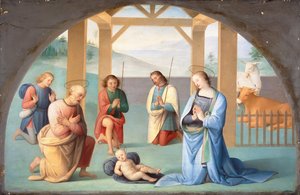 Tilbedelse af Kristusbarnet (efter Perugino), ca. 1844-1933 (olie på lærred) af Annie Louisa Swynnerton