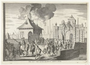 Aankomst bij de Brugse portt van Gent; intocht van Ferdinand te Gent i 1635 (nr. 4) Her er den, du ofte hører lovet (titel på objekt) Porten til Brugens, hvor Ser. Kardinalen kom ind i byen af Anonymous