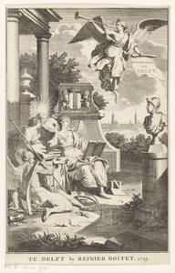 Allegori af Delft Beskrivelse af Delft (titel på objekt) Titelblad for: S.n., Beschryving der stadt Delft, 1729 af Anonymous