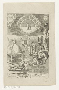 Ambrosius Theodosius Macrobius leunend op steen ved siden af ​​kloden Guld Theod. Macrobius Opera Cum Notis (titel på objekt) Titelside for: Ambrosius Theodosius Macrobius, Aur. Theodosius Macrobius V. Cl. & Illustriøse Værker, 1694 af Anonymous