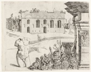 Arkitektur capriccio med spolia, en mandlig torso og udsigt over Diocletians bade af Anonymous