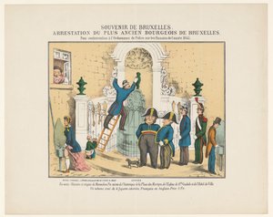Anholdelse af Manneken Pis, 1845 Souvenir fra Bruxelles. Anholdelse af den ældste borgerlige i Bruxelles. For overtrædelse af politiforordningen om pissoirerne af året 1845 (titel på genstand) af Anonymous