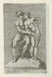 Billedgruppe met Mercurius en en godin Statue af Merkur, der omfavner en kvinde i det farnesiske palads (titel på objekt) Antikke skulpturer i Rom (serietitel) Ikoner af de gamle statuer af byen Rom, som ses på offentlige steder (serietitel) af Anonymous