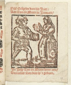 Side med stående figurer af en kræmmer og en kvinde, 1712 I hvilken Lidt de Maen er / hvor du dør / forlader nøgen, medmindre det er stor note; Als Peste / Pleures is / ende sulck quaet / oock ikke sonder des Meestersraet (titel på objekt) af Anonymous