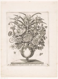 Bloemen in vaas met halffiguren BILLEDET AF BLOMSTER, DER BLINKER, MINDER OS HURTIG OM ALDER (titel på objekt) af Anonymous
