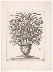 Bloemen in vaas met leeuwenkoppen (titel på objekt) af Anonymous