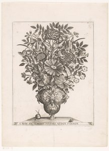 Bloemen in vaas med maskerere O BLOMST, DER VIRKER UNGDOM I SKAMMENS ALDER (titel på objekt) af Anonymous
