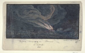 Brand i et landskab i det centrale Java, 1825 Mellem Samarang og Damak / 13. september 1825 (titel på objekt) af Anonymous