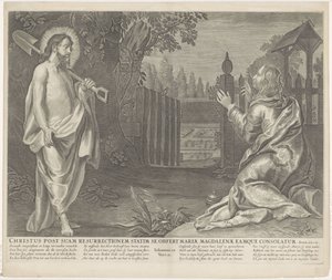 Christus verchicht als tuinman aan Mary Magdalene (Rør mig ikke) Kristus tilbyder sig umiddelbart efter sin opstandelse til Maria Magdalene og trøster hende (titel på objekt) Royal Bijbel (serietitel) af Anonymous
