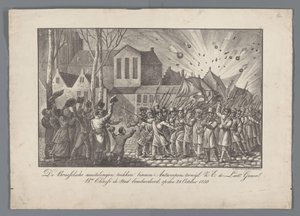 Bruxelles-mytteristerne flytter ind i Antwerpen, mens Z.E. de Luit Generall. mia. Chassé bombede byen den 28. oktober 1830 (titel på objekt) af Anonymous