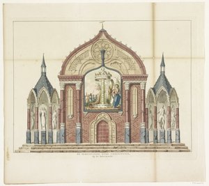 Den gamle grundlovs ødelæggelse, dekoration på smørmarkedet, 1795 Den ødelagte gamle grundlov, på smørmarkedet Femten dekorationer ved Alliantiefeest i Amsterdam i 1795 (serietitel) af Anonymous