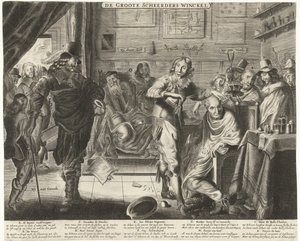 Bonden i den store Frisør, ca. 1650 De Groote Scheerders Winckel (titel på objekt) af Anonymous