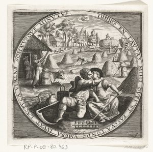 Den måned juni, hooimaken, ca. 1600 De tolv måneder af et år billede i scener fra folkelivet (serietitel) Skemaer for de 12 måneder med deres operationer og deres anvendelse på stjernetegnene, opdelt i fire dele af året (serietitel på objekt) af Anonymous
