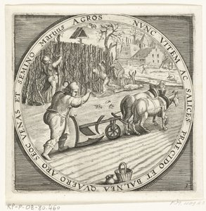 Den måned, marts, ploegen, ca. 1600 De tolv måneder af et års billede i scener fra folkelivet (serietitel) Skemaer for de 12 måneder med deres operationer og deres anvendelse på stjernetegnene, opdelt i fire dele af året (serietitel på objekt) af Anonymous