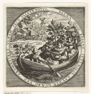 Maj måned, musikskabende selskab i båd, ca. 1600 Årets 12 måneder afbildet i scener fra folkelivet (serietitel) Skema XII Mensium sius operationibus, & ad signa zodiaci applicatione, in quatuor anni partes divisa (series af Anonymous