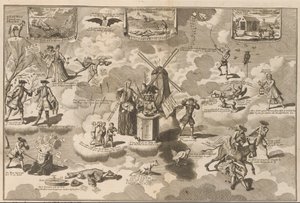 Den besejrede actionist i ringestolen, 1720 Den besejrede aktionist i stolen med Rinkels, overtalt af den Lauwerd-trojanske hest (titel på objekt) The Great Scene of Folly (serietitel) af Anonymous