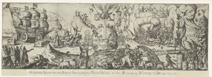 Verden er delt i den fredelige republik på den ene side og kaos og vold påført Romerkirken på den anden side Magteløs Donder van den Helschen-hund mod den nøgne sandhed og Eendragtig-pagten, 1617 (titel på objekt) af Anonymous