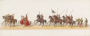 Delft procession af 1873 (tredje plade) Udklædt procession holdt af medlemmerne af Delft Student Corps den 8. juli 1873, der viser Karel van Egmond, hertug af Gelre, grev af Zutphen, indrejse i Arnhem i 1492 (serie ti) af Anonymous