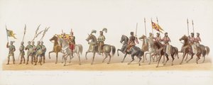 Delft procession af 1873 (fjerde plade) Udklædt procession afholdt af medlemmerne af Delft Student Corps den 8. juli 1873, der viser Karel van Egmond, hertug af Gelre, greve af Zutphen, indrejse i Arnhem i 1492 (serie t) af Anonymous
