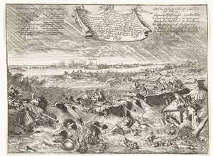 Dijkdoorbraak nær Coevorden, 1673 Find ud af, hvordan og hvilken form, efter dekret fra biskoppen af ​​Munster (...) (titel på objekt) af Anonymous